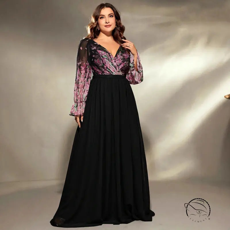 Plus size black and purple floral long sleeve ball gown evening dress
