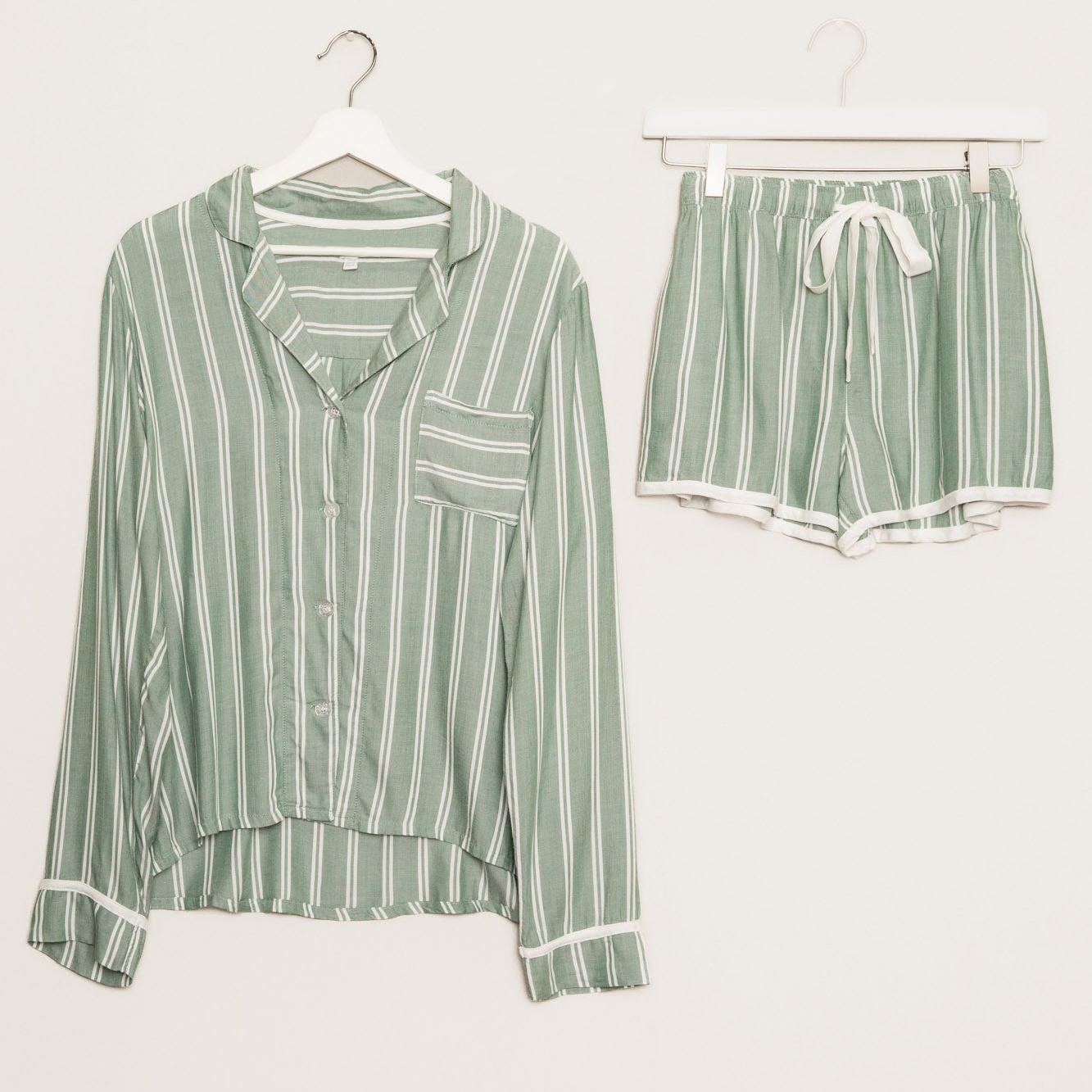 Green striped Langry two-piece ladies homewear with white trim and pockets