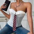 White and gray striped Langry fashion corset with silver hardware
