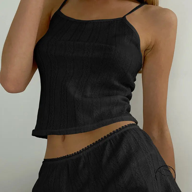 Langry fashion black ribbed knit crop top with lace trim hem