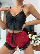 Langry Ice Silk trimmed shorts two-piece set in black satin with lace and red accents