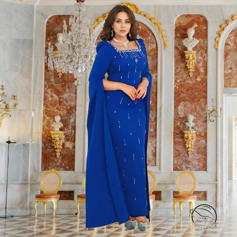 Elegant langry blue gown with cape sleeves in fashion dress