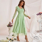 Gorgeous high waist voile A-line dress in mint green with sheer long sleeves