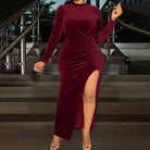 Burgundy velvet long-sleeve dress with high slit in Winter Evening Midi Dress fashion