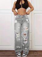 Gray distressed high-waist denim jeans with rips, patches and holes, langry fashion