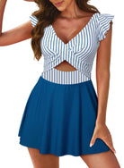 Striped crop top swimdress with blue skirt and ruffled sleeves for fashionable summer wear