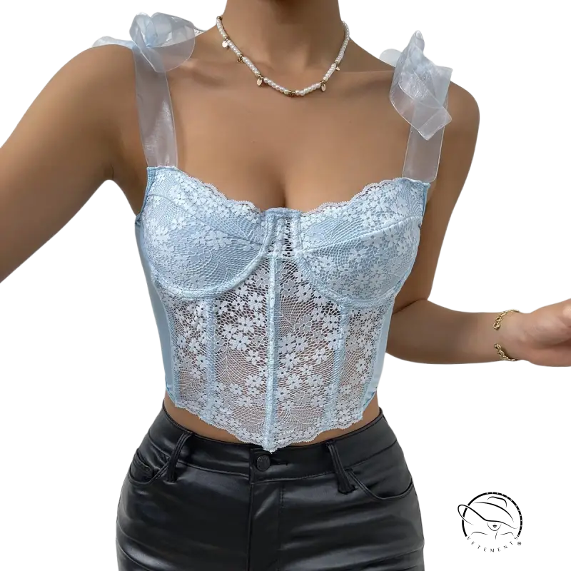 Sky blue boning corset top in light blue lace design