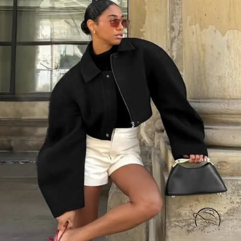 Langry fashion black cropped woolen coat with bell sleeves and zipper details