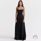 Elegant sleeveless black satin langry fashion evening dress