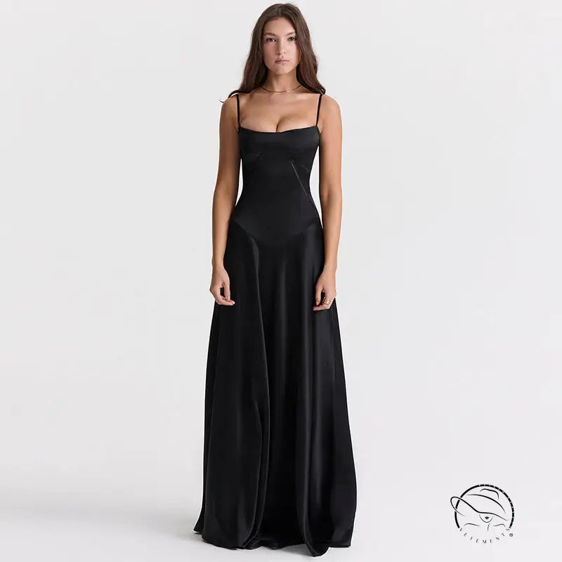 Elegant sleeveless black satin langry fashion evening dress
