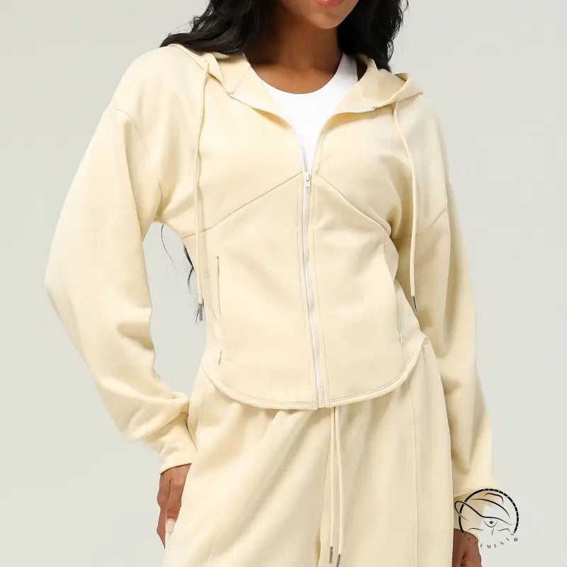 Beige hooded zip-up casual cardigan sweater