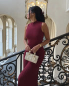 Sleeveless burgundy ribbed maxi dress with mock neckline