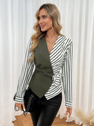 Striped olive green and white Langry fashion blouse with tie waist
