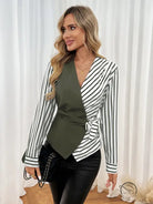 Striped olive green and white langry fashion blouse with tie waist