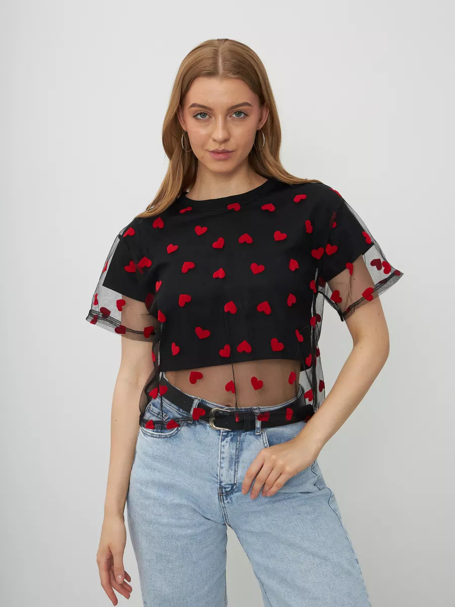 Black mesh crop top with red heart pattern and sheer sleeves for stylish langry fashion