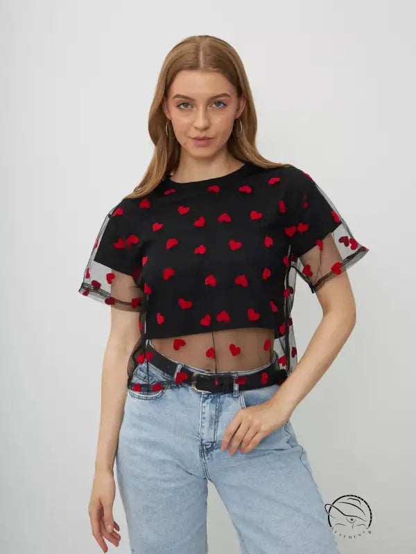 Elegant faux cotton short black mesh crop top with red heart pattern