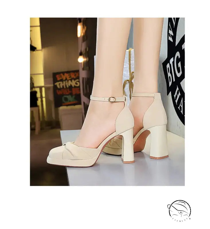 Cream-colored Strap Super High Heel ankle strap sandals with square toe and chunky heel