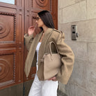 Langry fashion beige oversized bomber jacket with drawstring hood and pockets