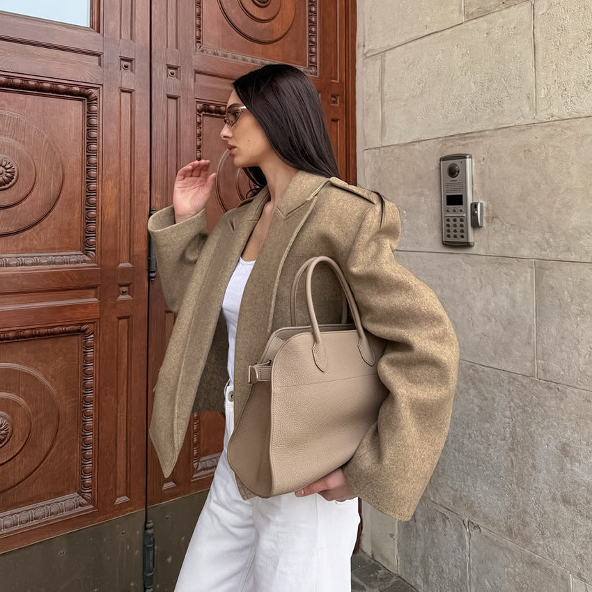 Langry fashion beige oversized bomber jacket with drawstring hood and pockets