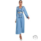 Middle East embroidered slim langry dress in light blue with floral fashion details