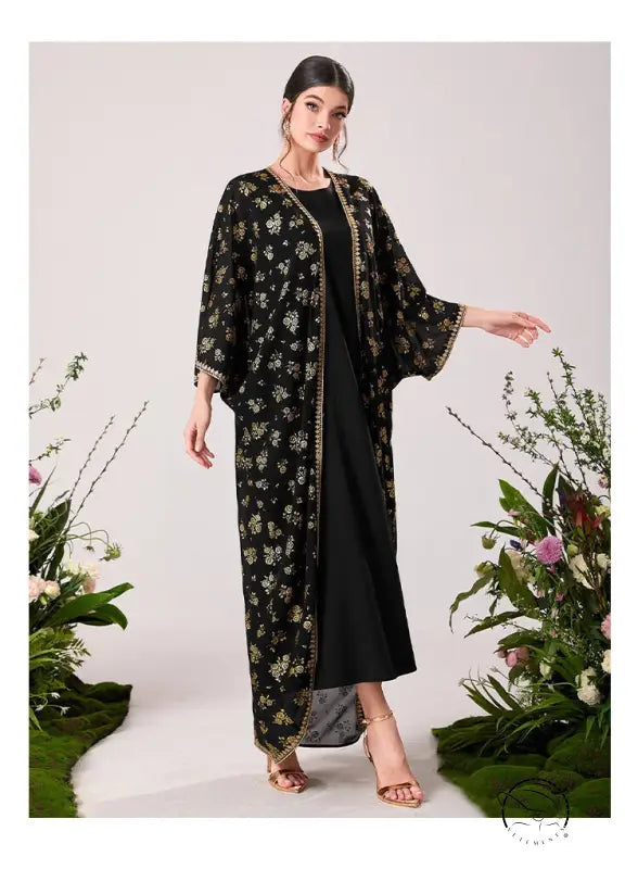 Black floral kimono with gold trim in langry fashion ملابس