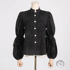French artistic palace embroidery jumpsuit with black blouse, embroidered details, puff sleeves