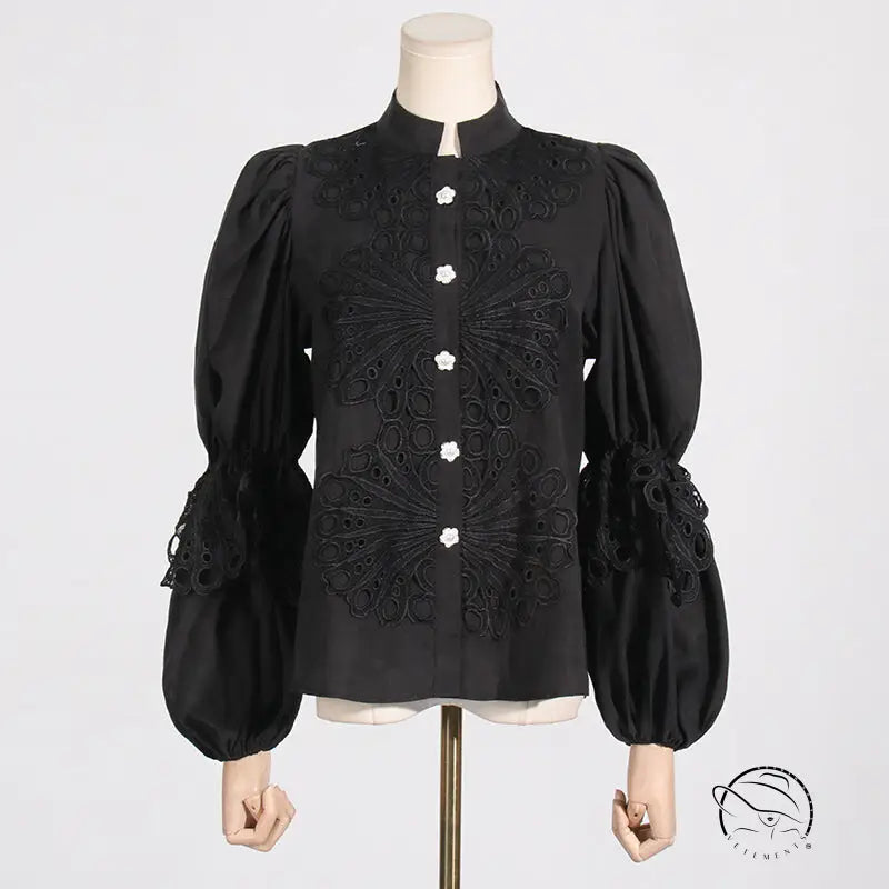 French artistic palace embroidery jumpsuit with black blouse, embroidered details, puff sleeves