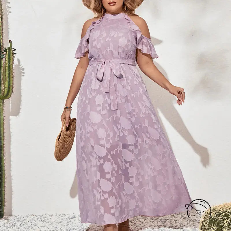 Lavender purple cold-shoulder maxi dress with tie-waist floral jacquard, French Sweet Wooden fashion