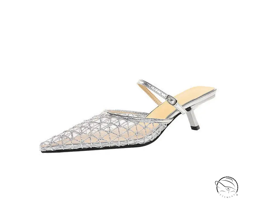 Langry fashion silver metallic kitten heel mule sandal with geometric pattern