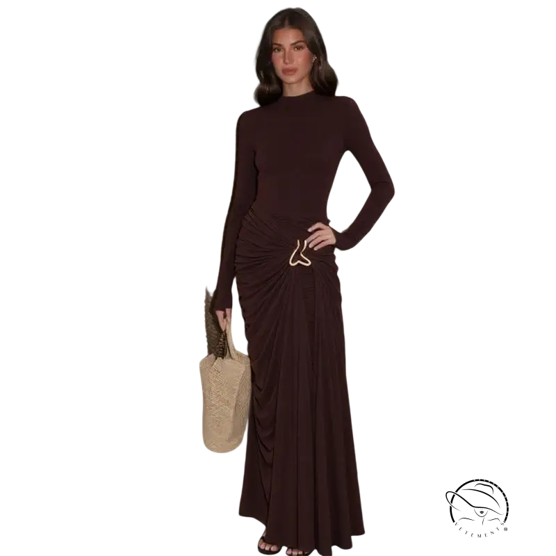 Langry French stylish waist tight sheath dress in dark brown with ruched waist and pleated skirt