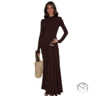 Langry French stylish waist tight sheath dress in dark brown with ruched waist and pleated skirt