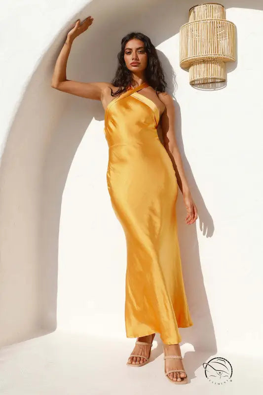 Elegant gold satin dress with high neckline and thin straps by Langry fashion