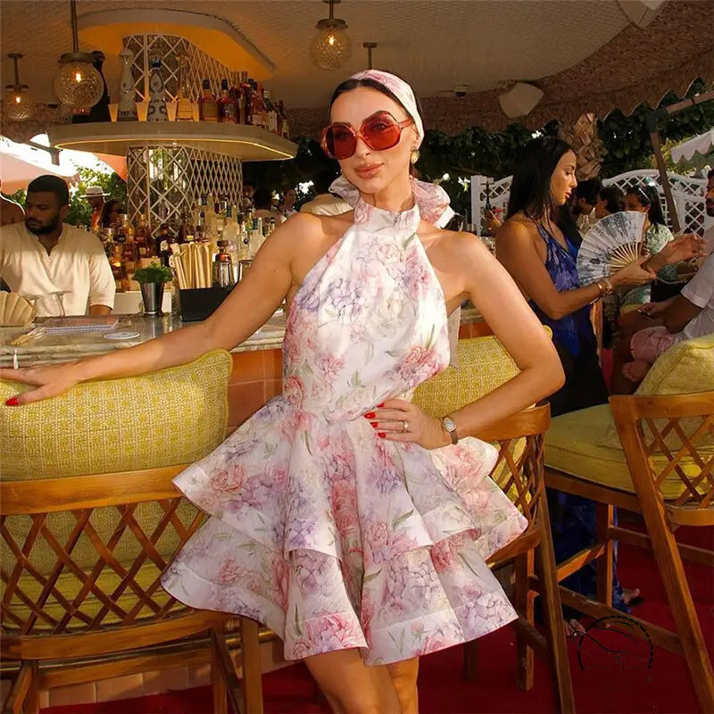 Exquisite short halter dress in pink white floral ruffles langry fashion