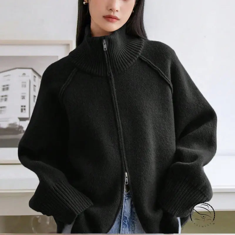Winter Korean Stand Collar Zipper Knitted Cardigan Top