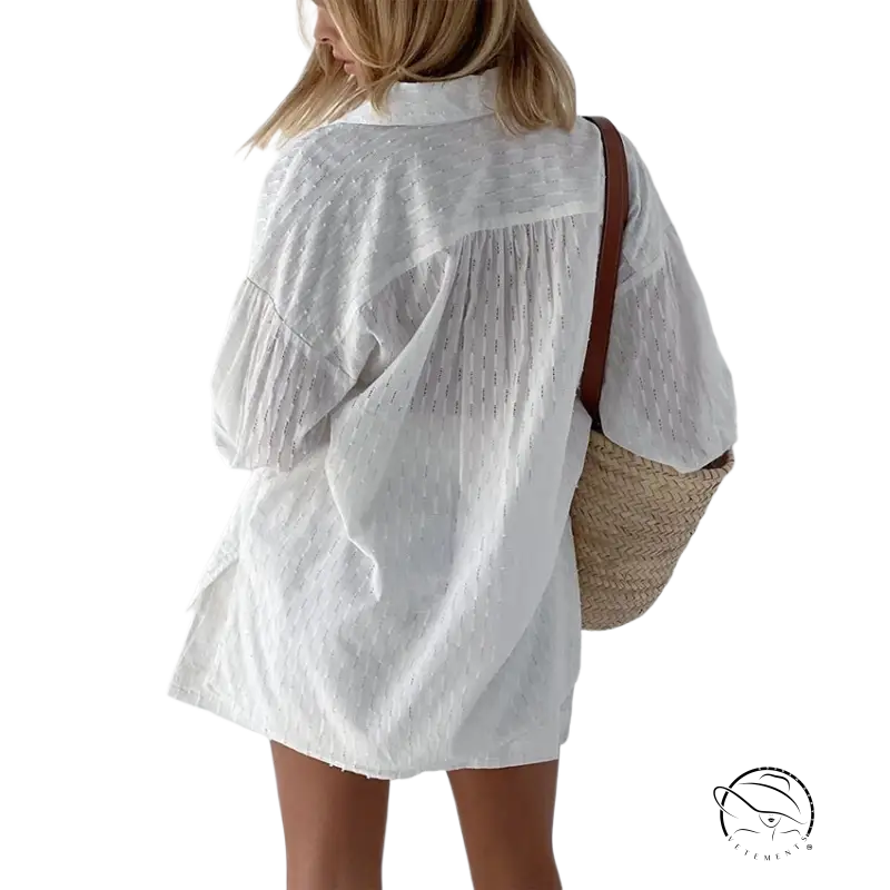 White sheer embroidered blouse in French jacquard pajamas set