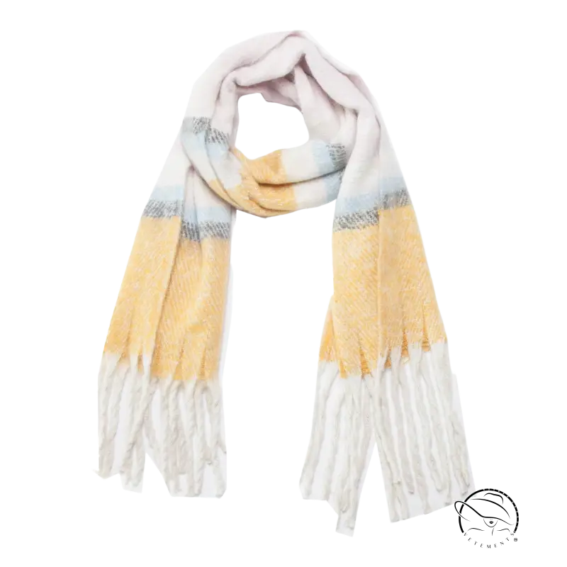 Cozy warm wool scarf in light pink yellow gradient with gray checks