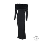 Elegant off-shoulder fur trim dress in black langry fashion ملابس