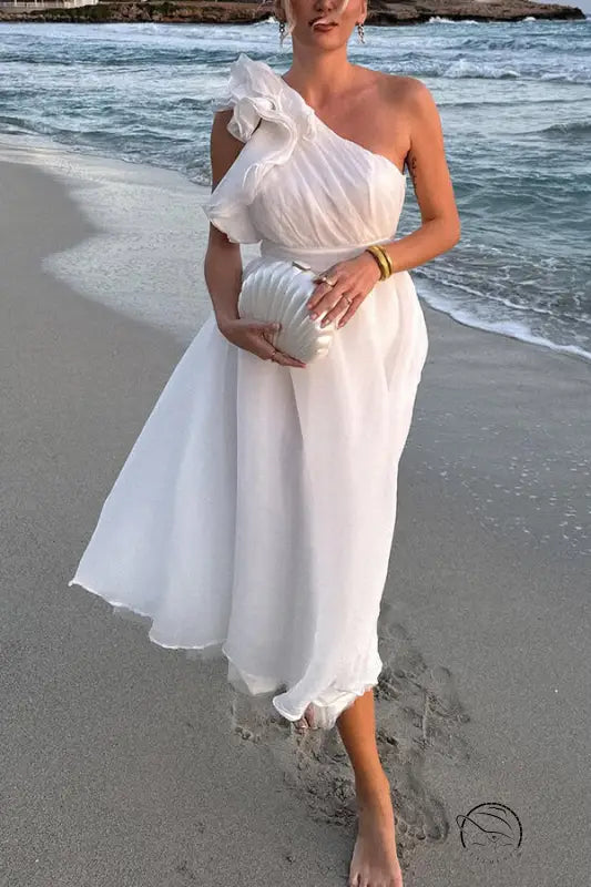 Stunning backless dress with elegant one-shoulder white ruffles and midi skirt