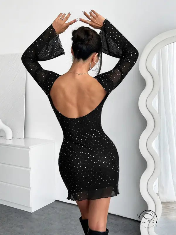 Elegant black mesh backless mini dress with long sleeves, langry fashion ملابس