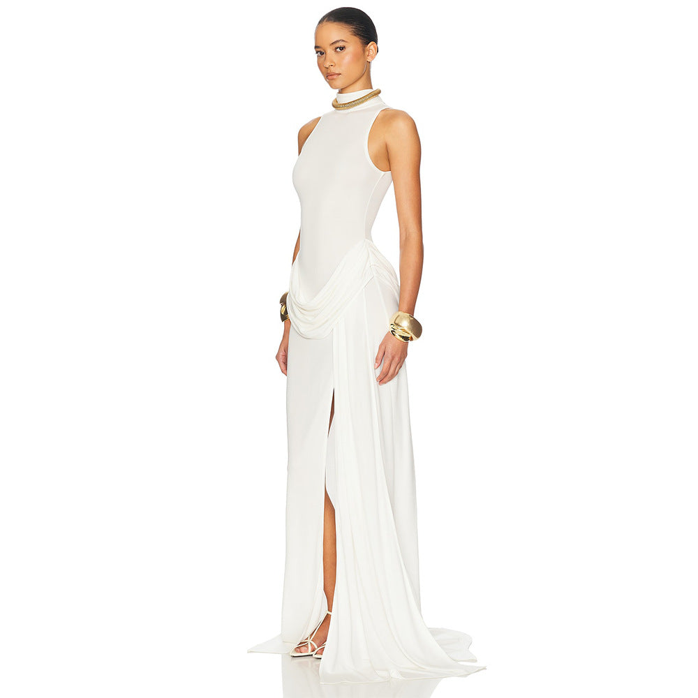 Elegant white high-neck langry fashion gown with side slit and gold accents