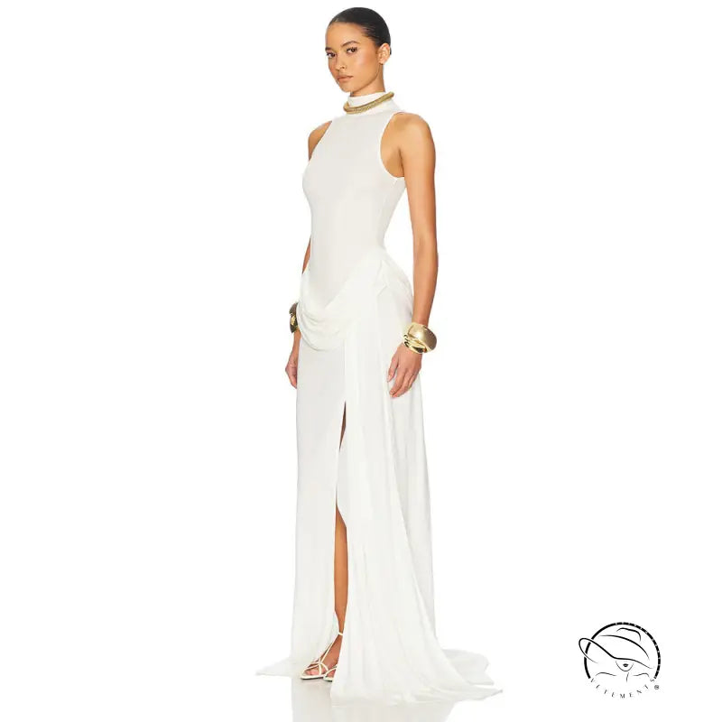 White high-neck gown with high split, tight waist and gold accents