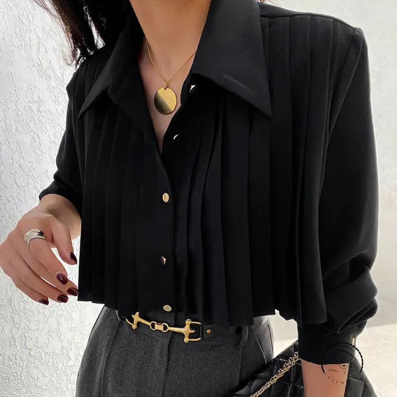 French elegant chiffon white pleated shirt with black long sleeves, collar, gold buttons