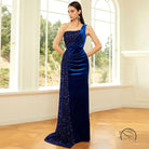 Elegant long sequined royal blue velvet one-shoulder gown with ruched bodice
