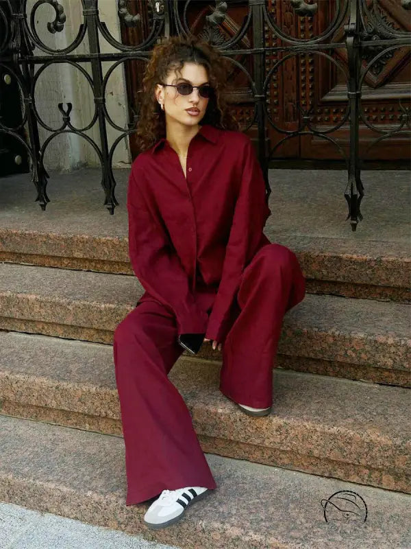Burgundy oversized cotton shirt and pants outfit from Langry fashion