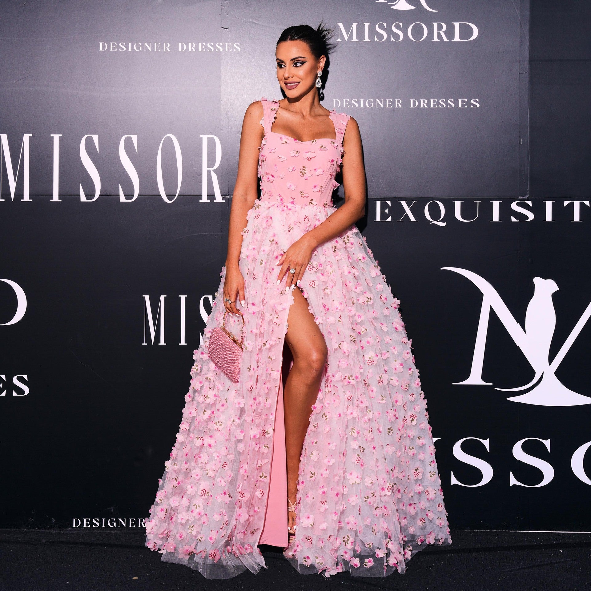 Pink floral gown featuring an elegant square collar and bohemian wide hem style