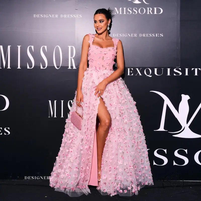 Pink floral sleeveless elegant square collar bohemian gown