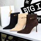 Langry fashion three-toned ankle boots with metallic accents and high heels in black suede, beige leather, brown faux-suede, featuring cute belt buckle side zipper