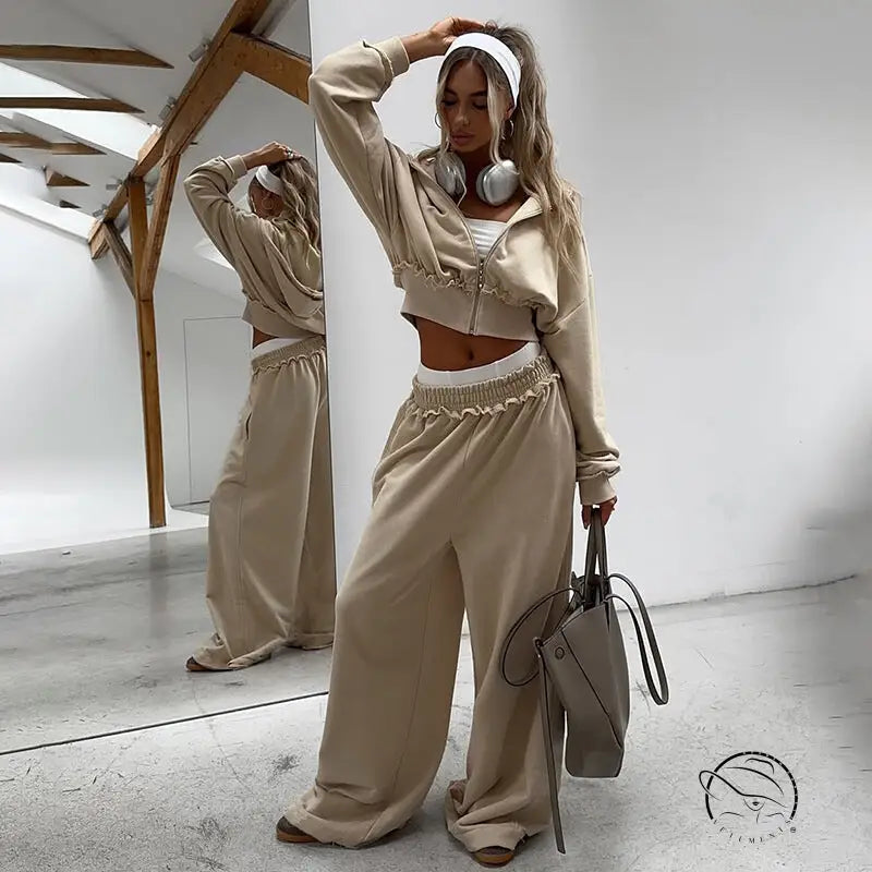 Langry beige cropped hoodie and wide-leg pants set with ruffled hems