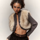 Langry fashion cropped ultra short plush fur-trimmed cardigan with ribbed texture and black lace skirt