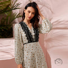 Cute stitching lace high waist off-white floral dress with black trim